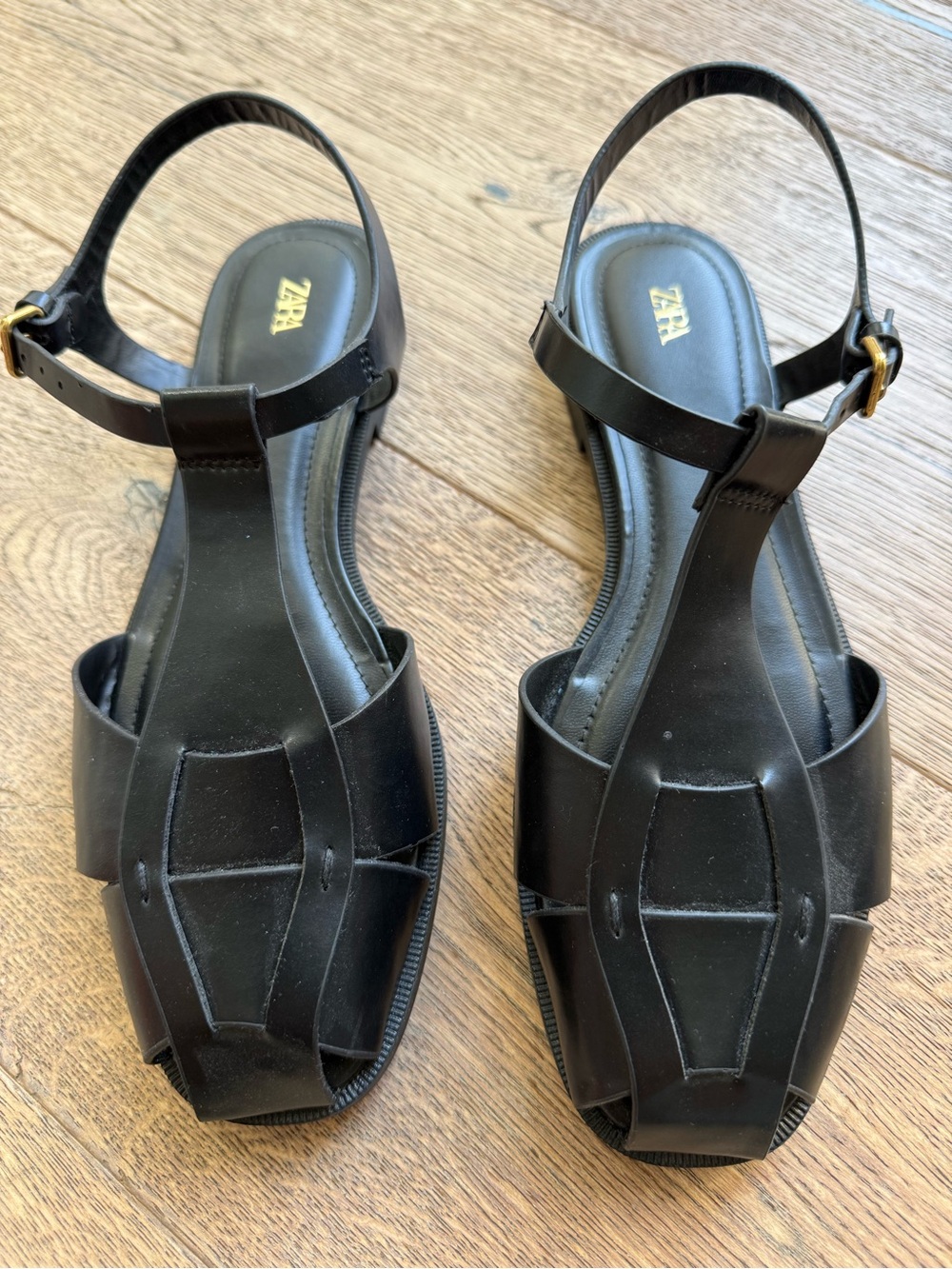 ZARA Black T-Strap Cage Slingback Sandals